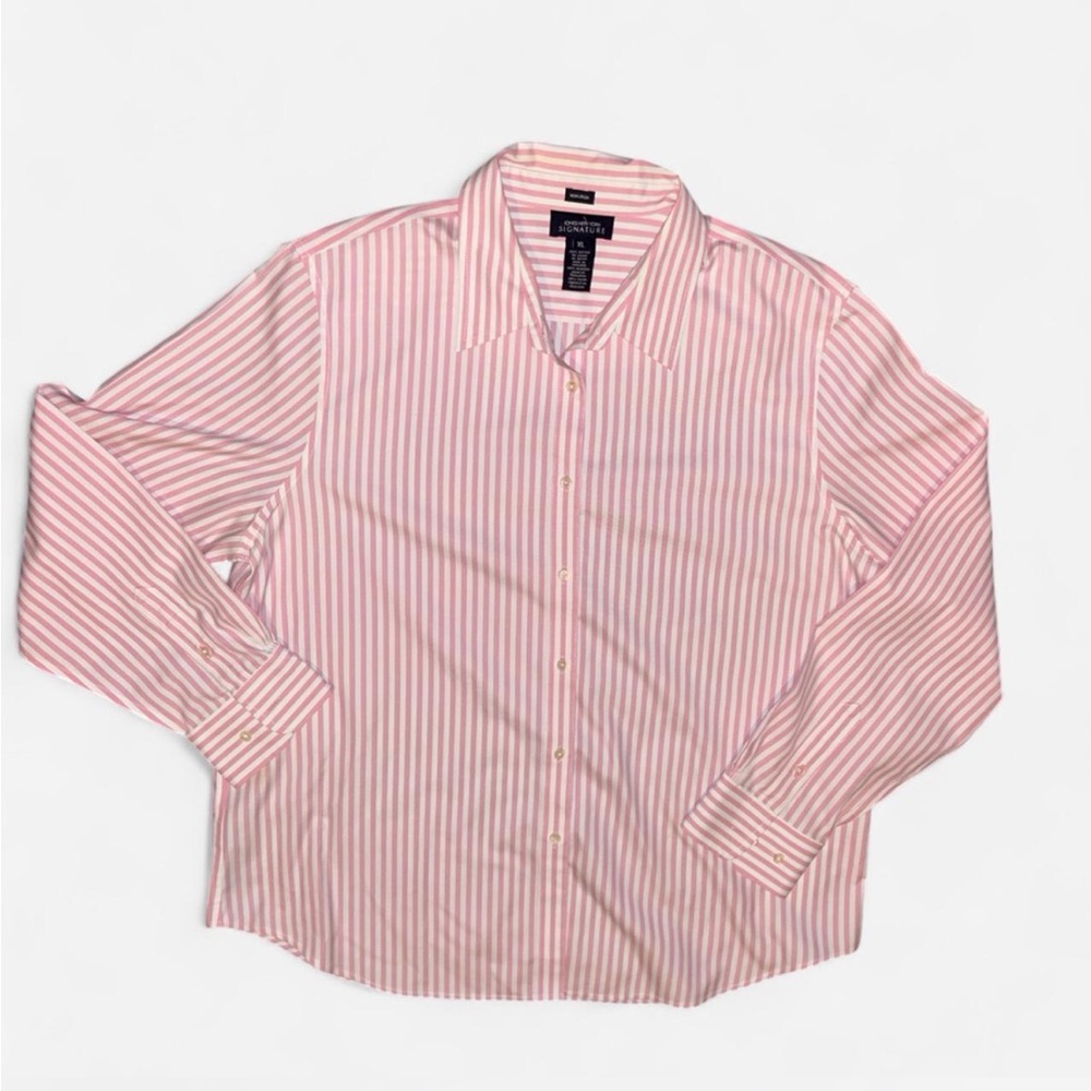 Jones New York Pink striped button-up shirt with a classic collar and long sleev